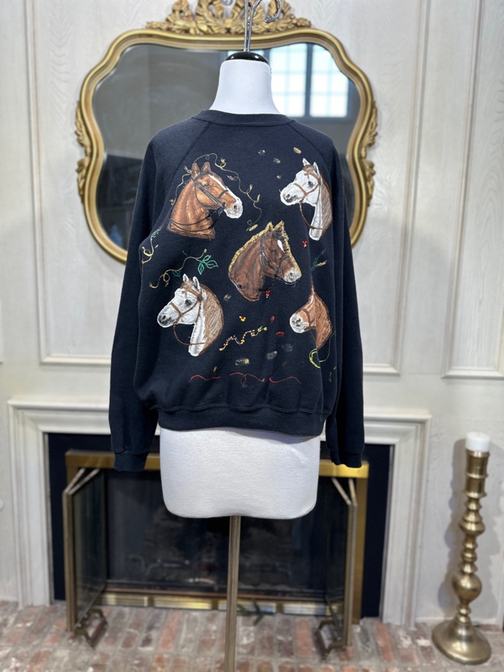Tultex Sweatshirt 2XL Black Horse Puff Paint Art Western Coastal Cowgirl
